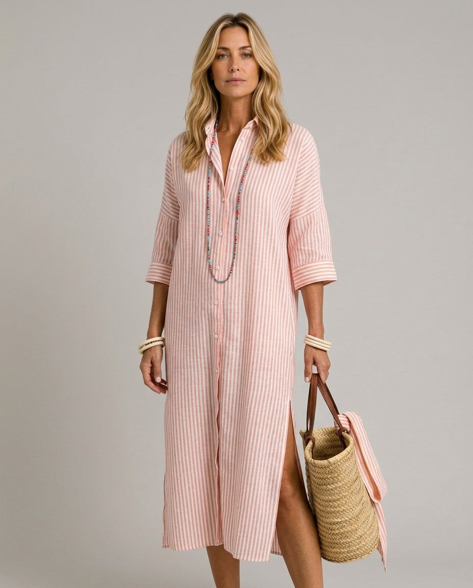 Josie | Striped Linen-Blend Shirt Collar Midi Dress