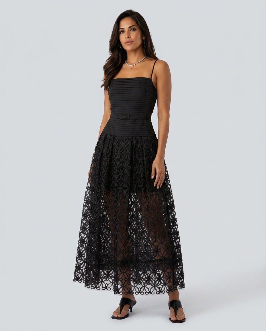 Micaela | Ruched Lace Spaghetti Strap Maxi Dress