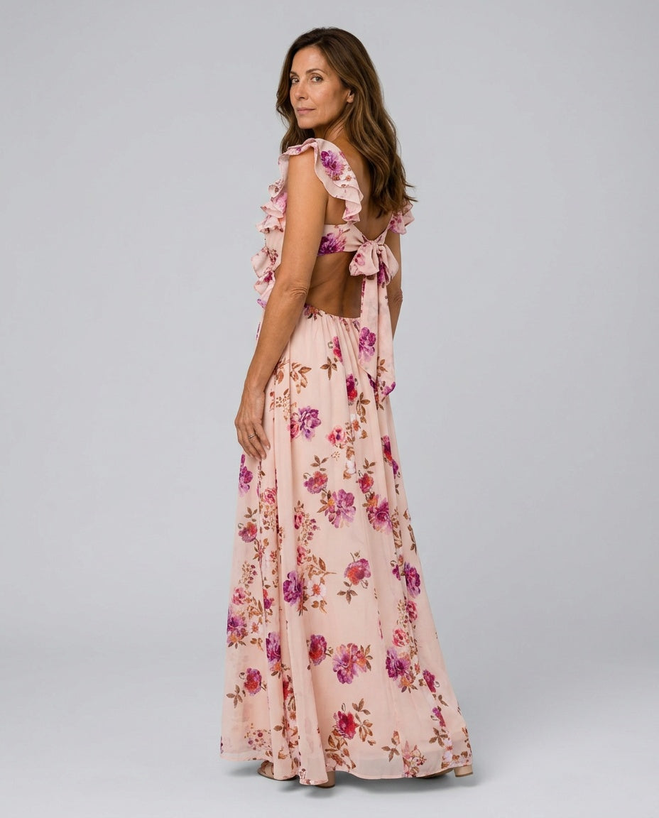 Kira | Floral Ruffled Open-Back Maxi Dress