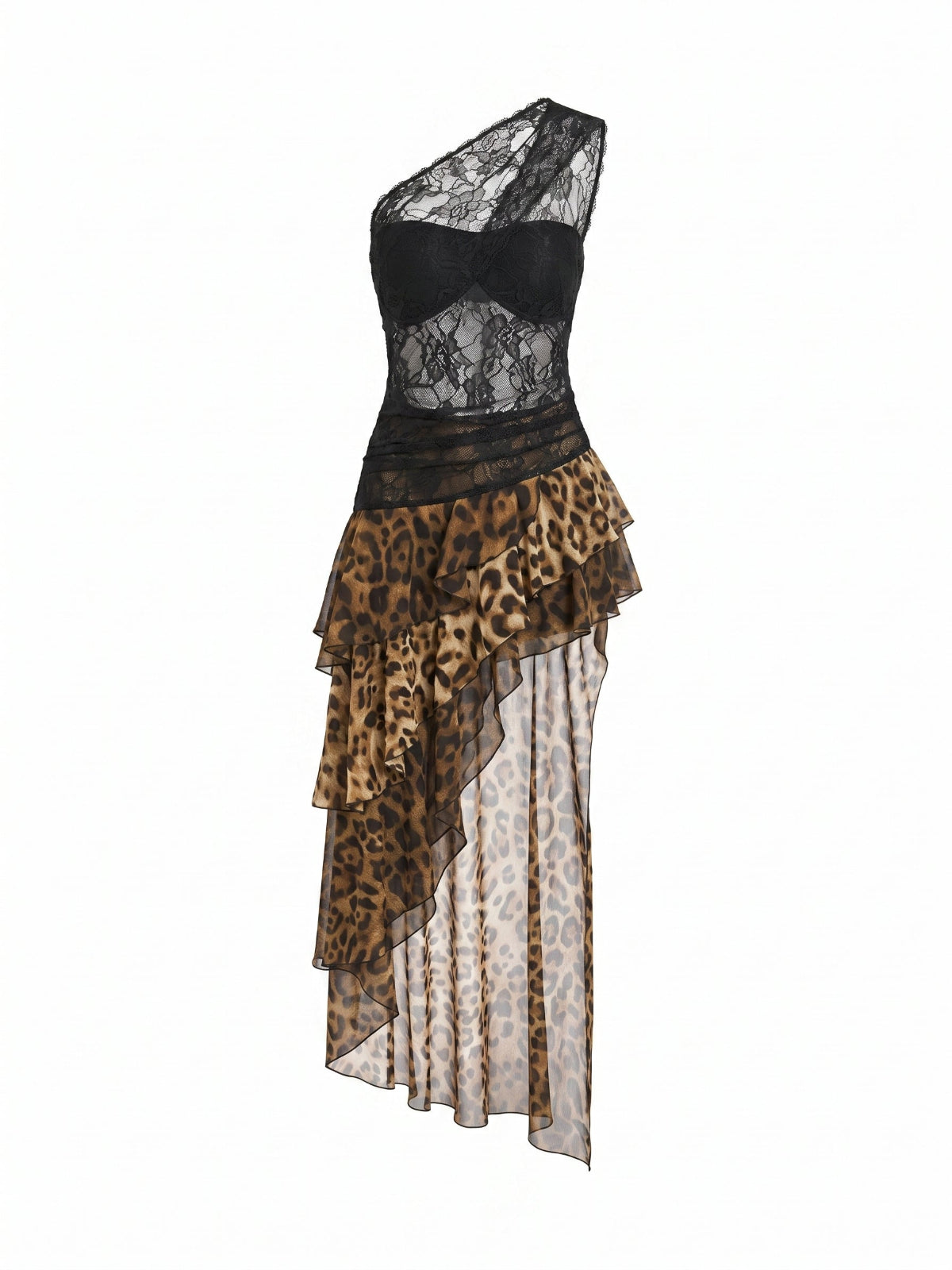 Raelira | One-Shoulder Lace Leopard Maxi Dress