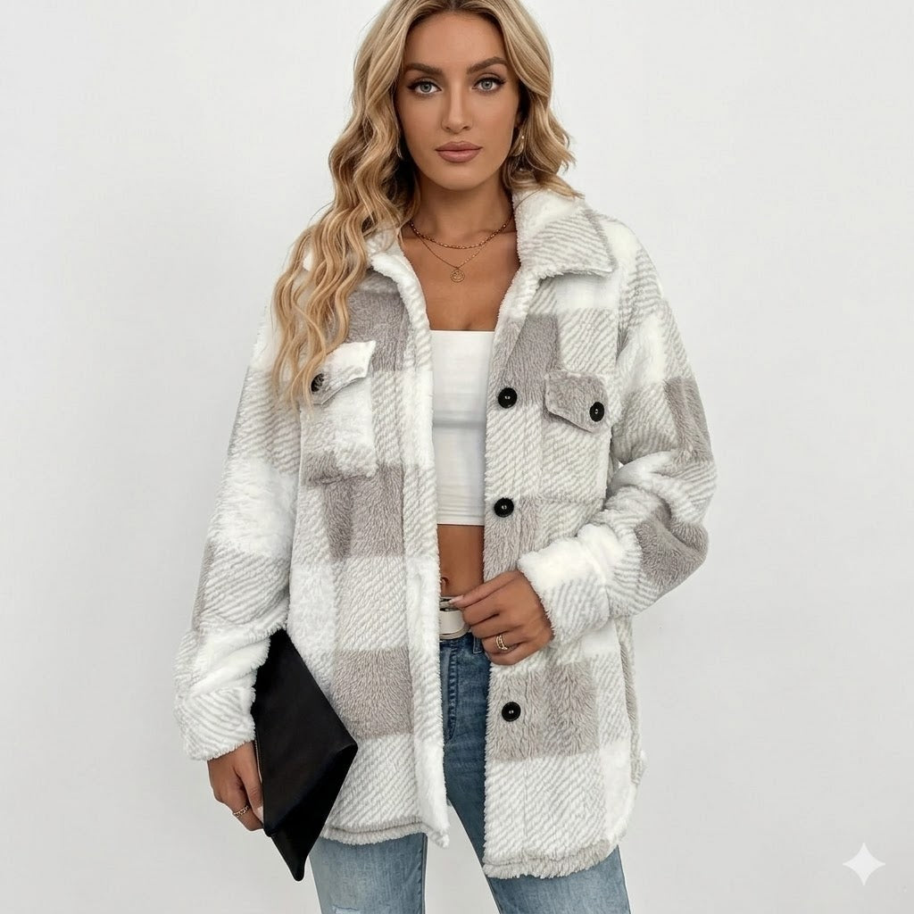 Piper | Check Print Button Front Sherpa Jacket