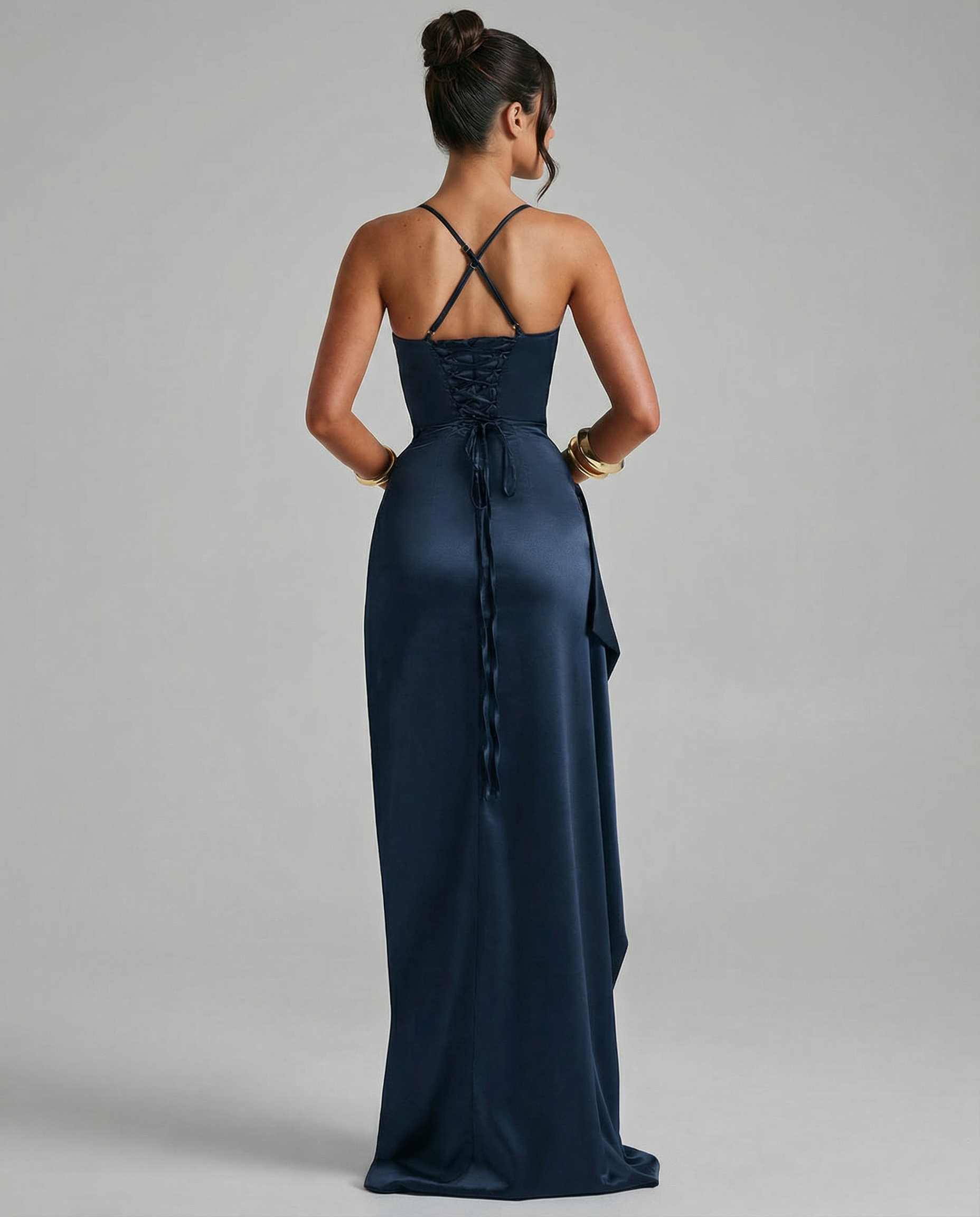 Janelle | Satin Cowl Neck Lace Up Maxi Dress