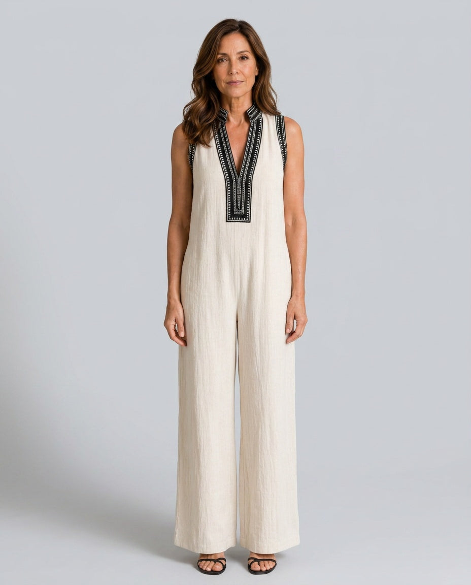 Velmira | Embroidered V-Neck Wide Leg Jumpsuit