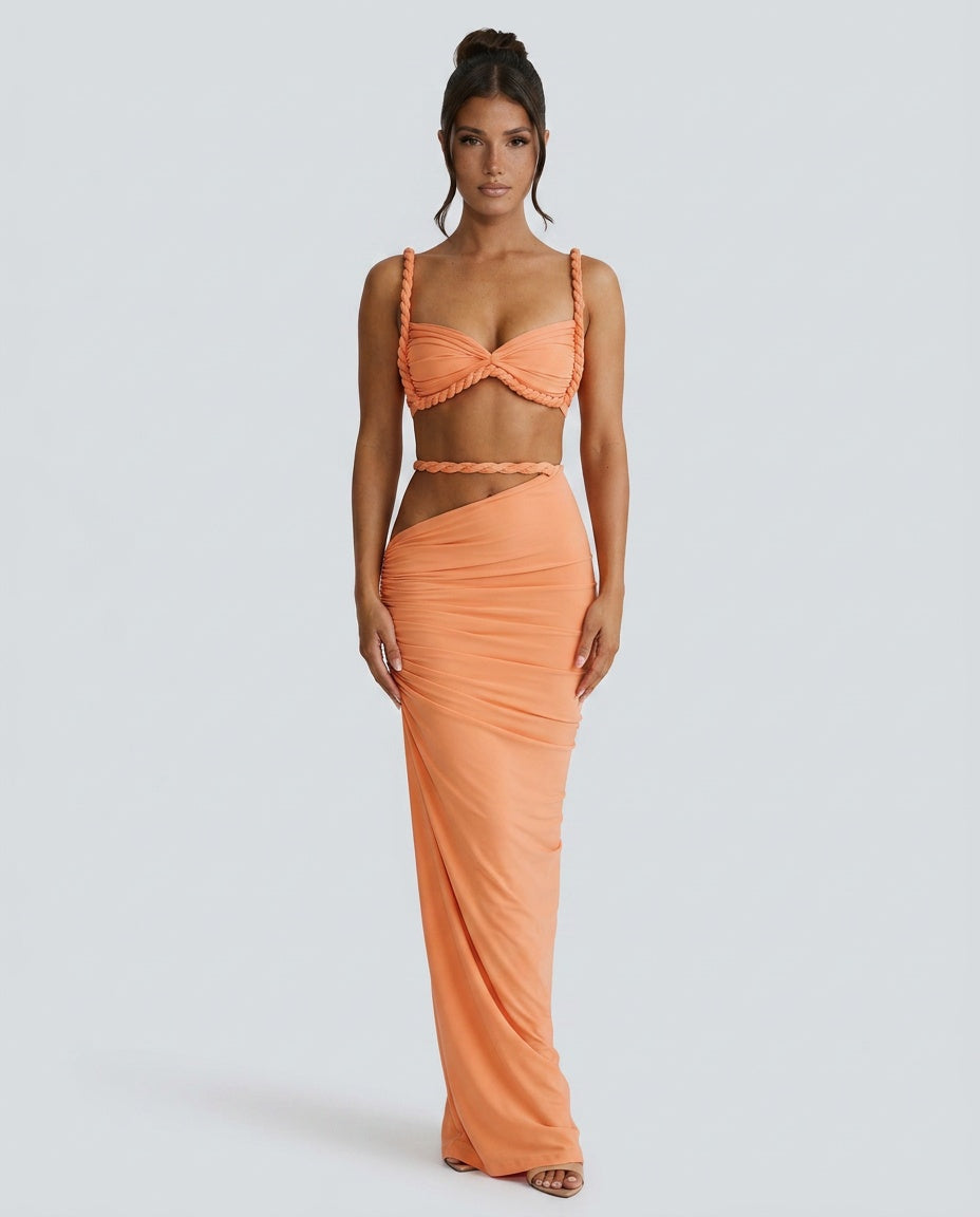 Tessa | Braided Strap Bustier & Ruched Maxi Skirt Set