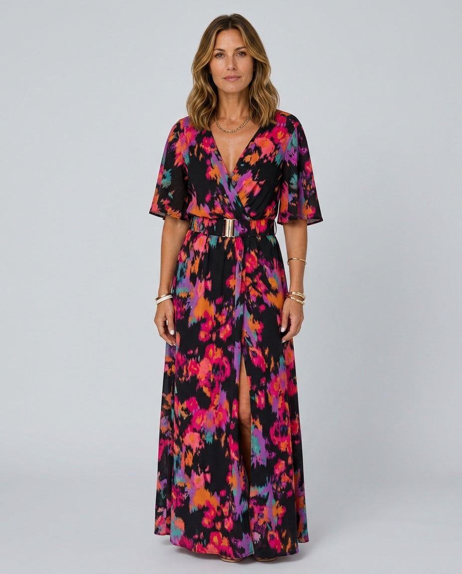 Rocio | Printed Wrap Short Sleeve Maxi Dress