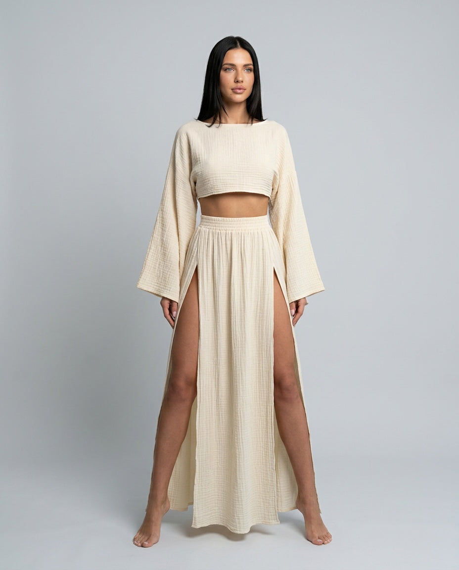 Odette | Long Sleeve Cropped Top & High Split Maxi Skirt Set