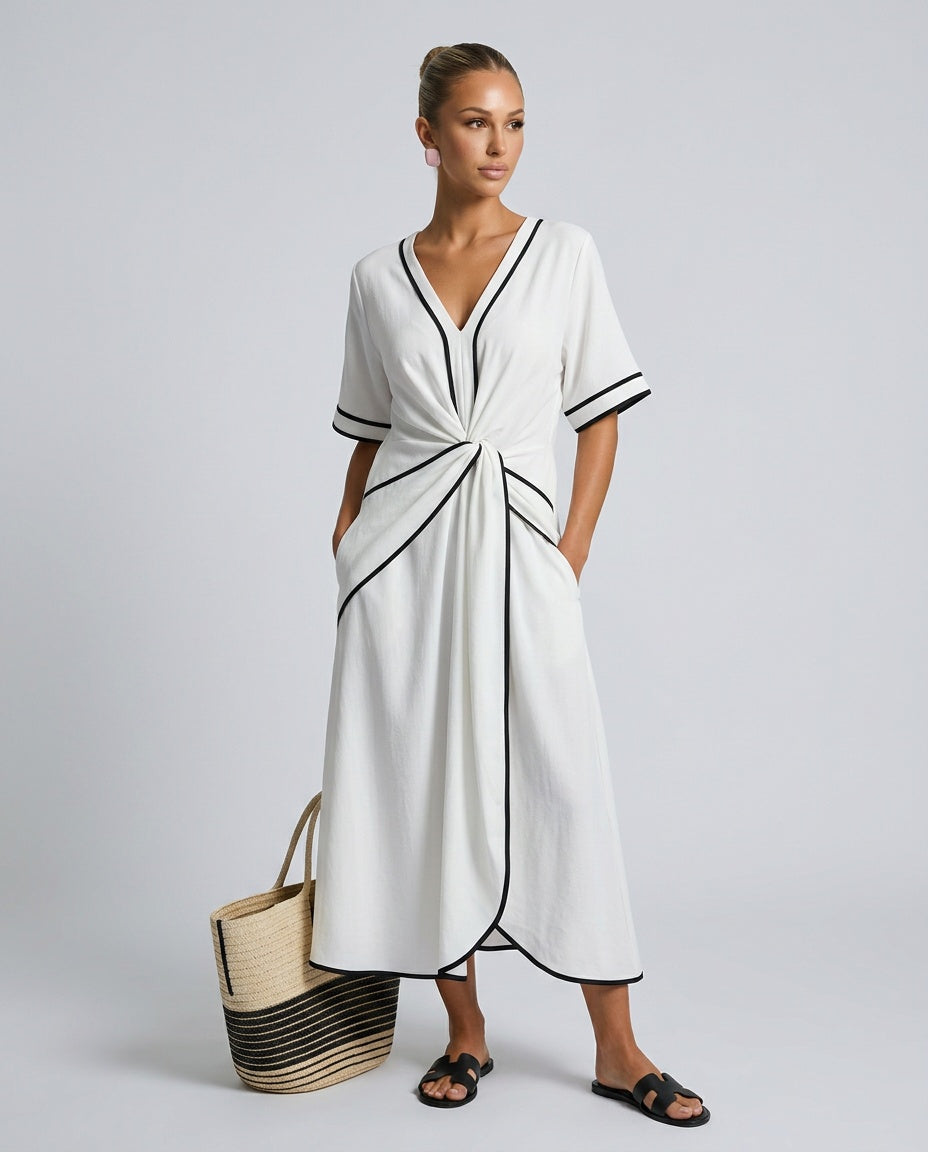 Linnea | V-Neck Gathered Waist Midi Dress