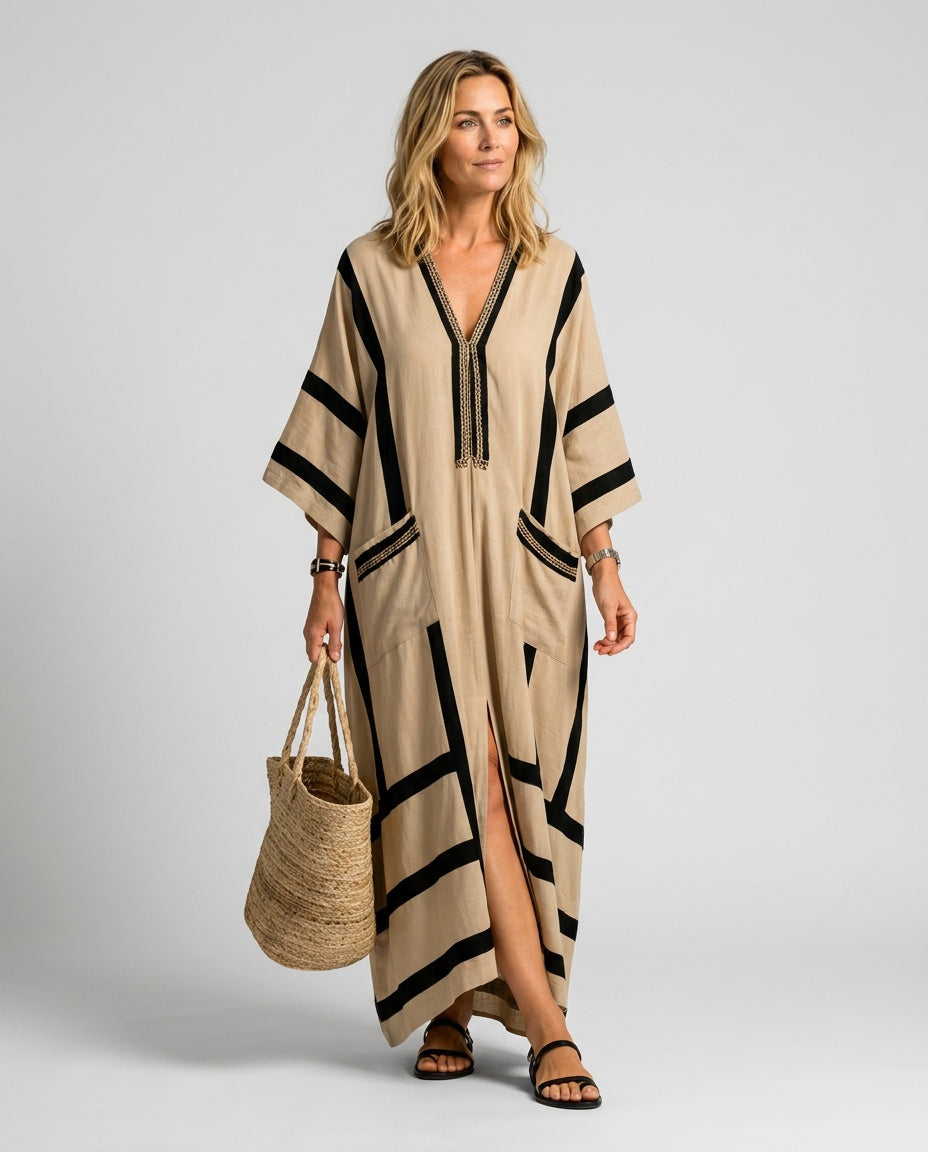 Pia | Long Sleeve Striped Trim Kaftan Maxi Dress
