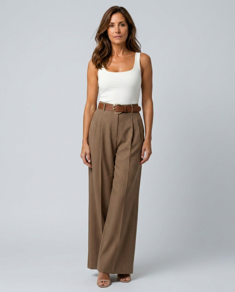 Ottoline | High Waist Pleated Wide-Leg Trousers with Detachable Sash Belt