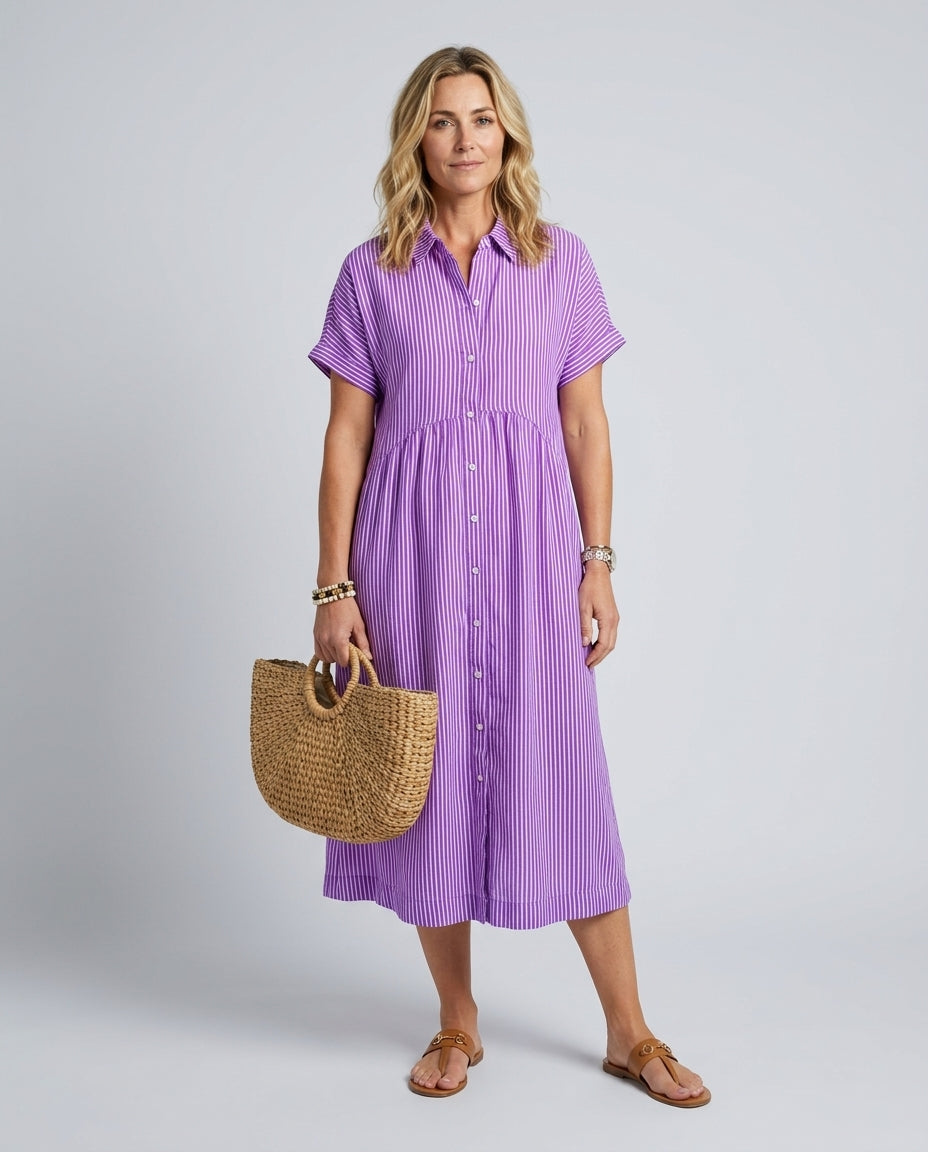 Emerson | Short Sleeve Button Front Striped Midi Dress