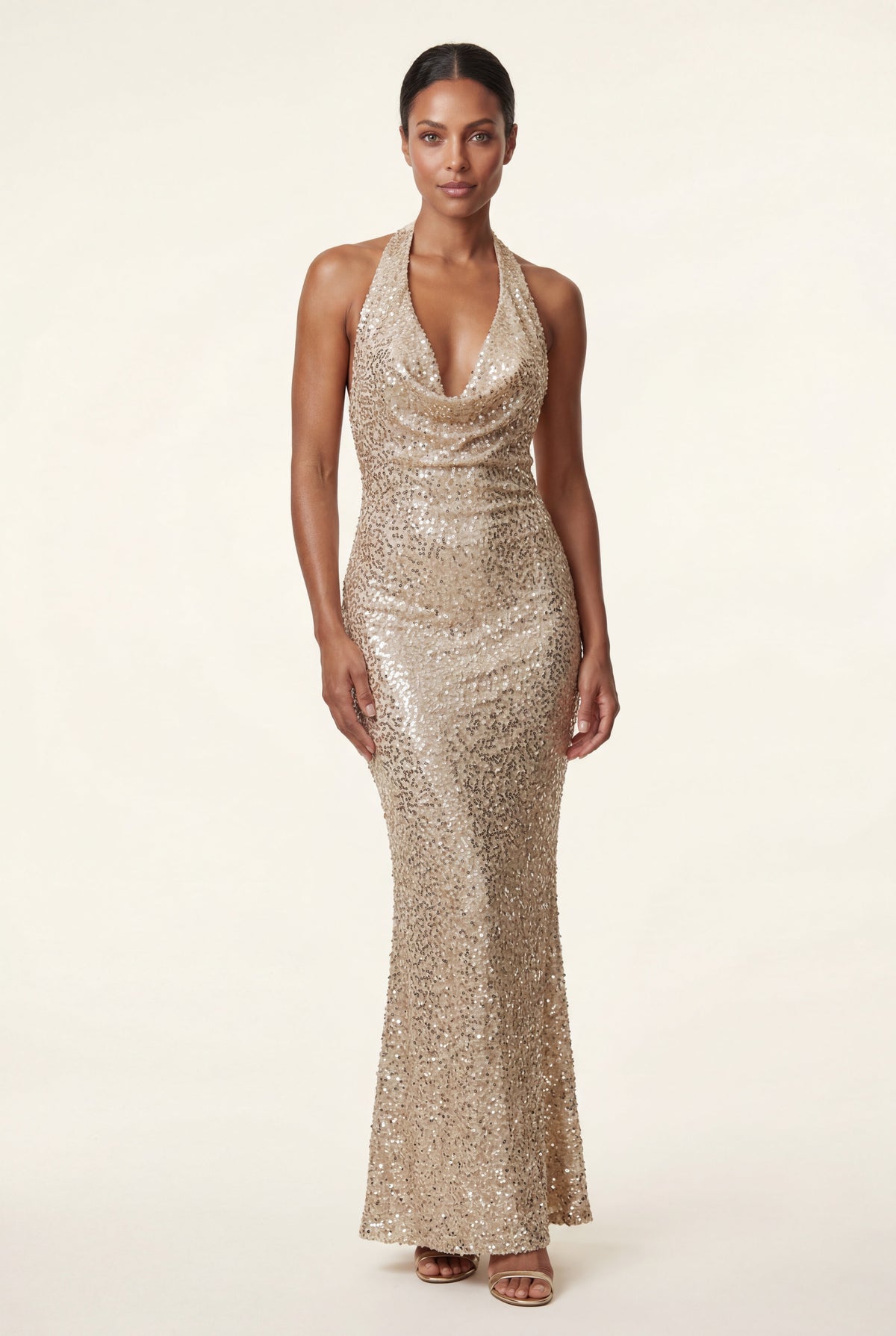 Brooke | Sequin Cowl Halter Open-Back Maxi Dress