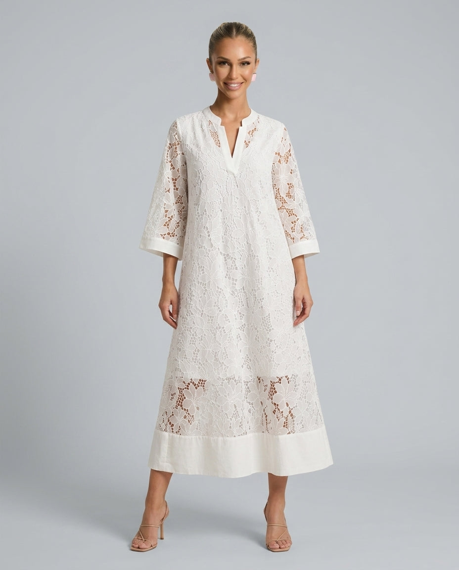 Estrella | Lace 3/4 Sleeve High Collar Mini Dress