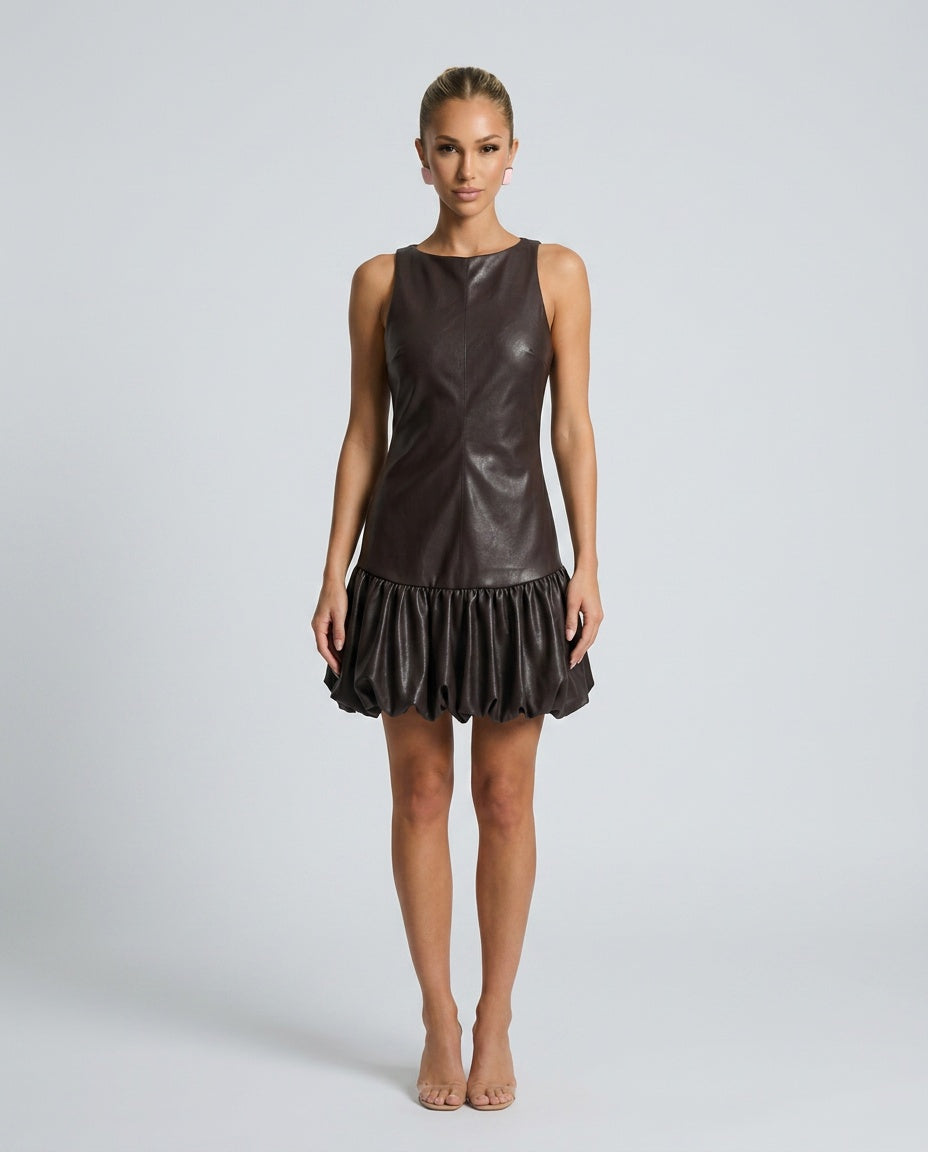 Nova | Sleeveless Bubble Hem Faux Leather Midi Dress