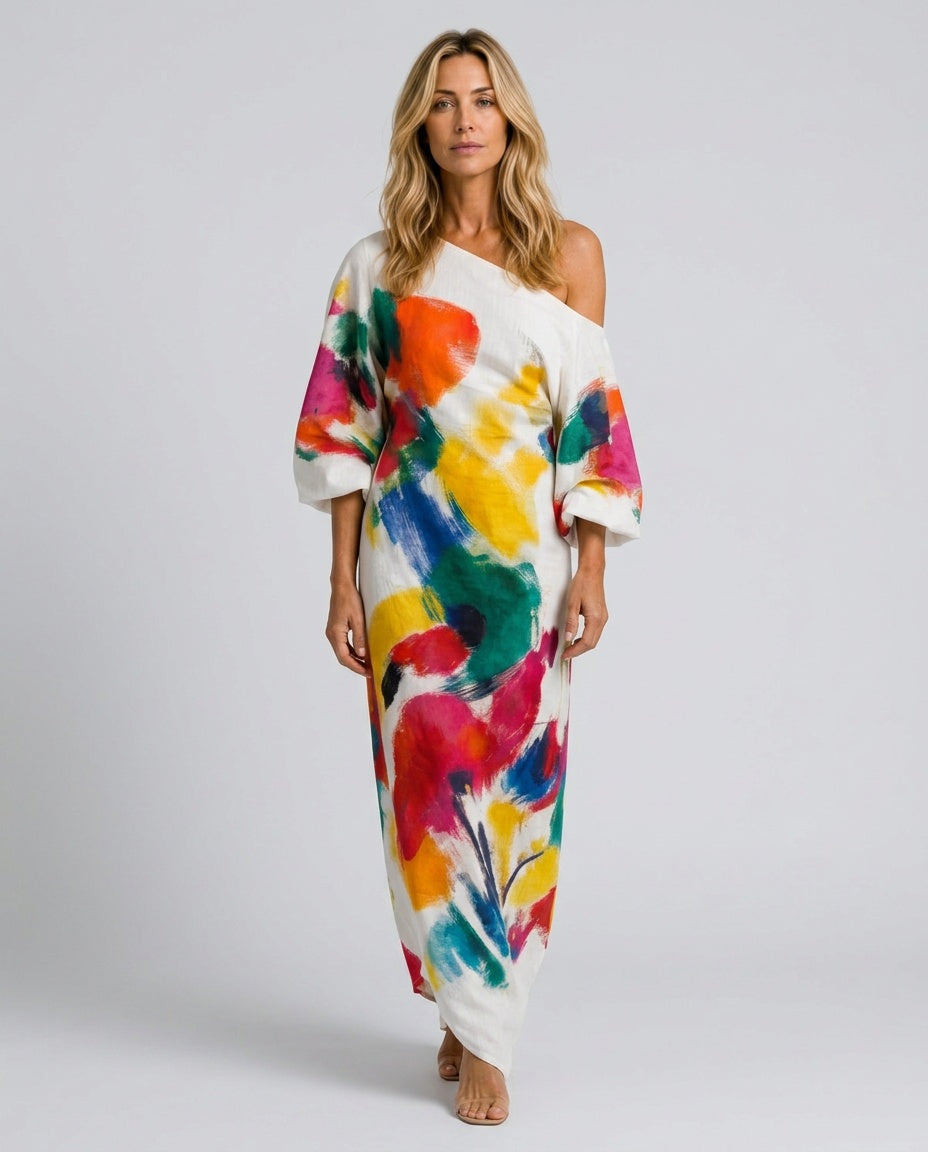 Priya | One-Shoulder Abstract Print Maxi Dress