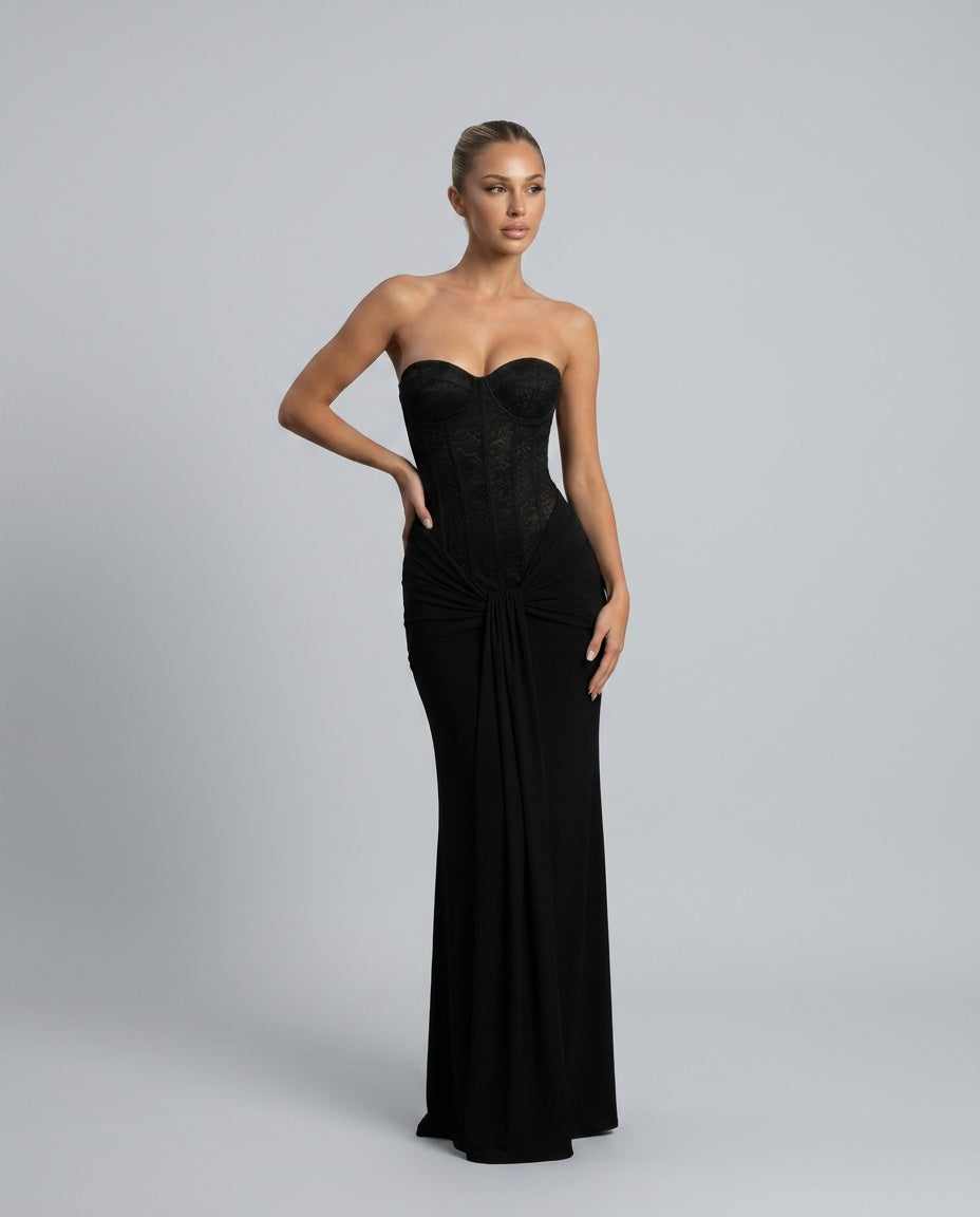 Ines | Off-Shoulder Strapless Black Tie Maxi Dress