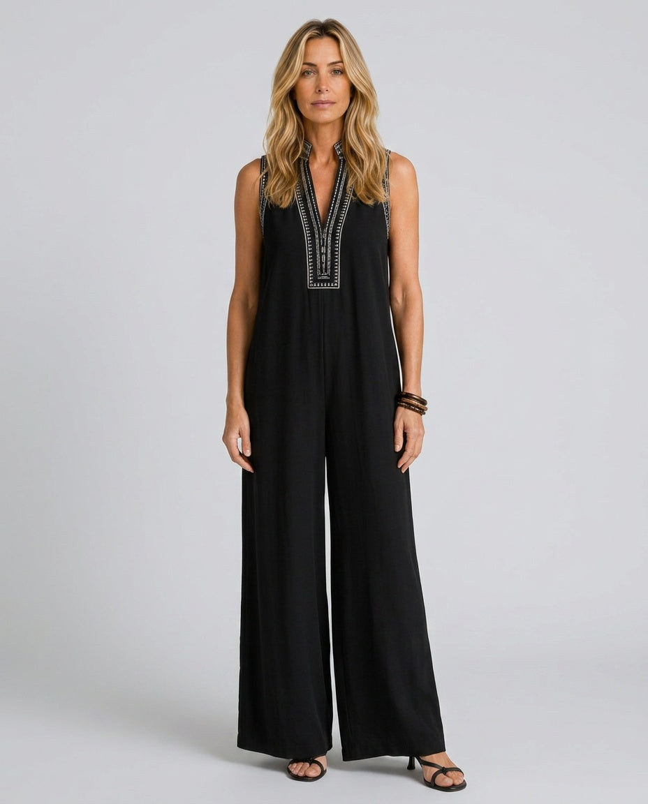 Velmira | Embroidered V-Neck Wide Leg Jumpsuit