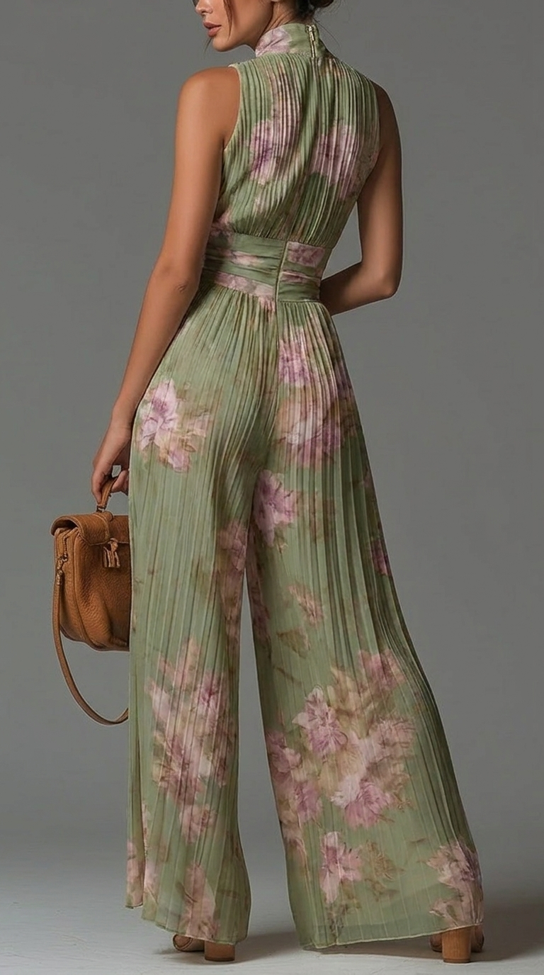 Lisette | Pleated Floral Jumpsuit with Wide-Leg Trousers