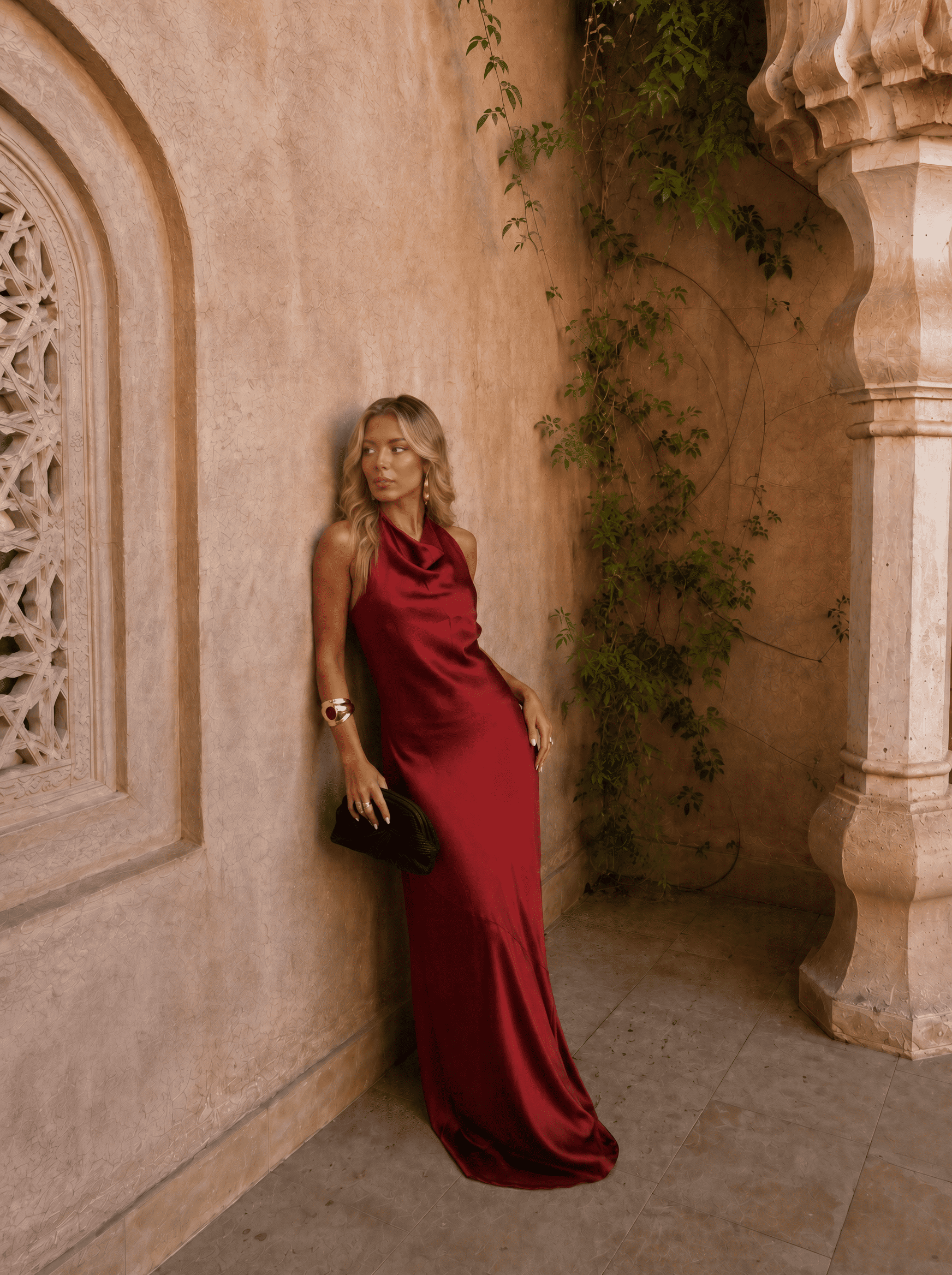 Rania | Draped Neckline Satin-Look Maxi Dress