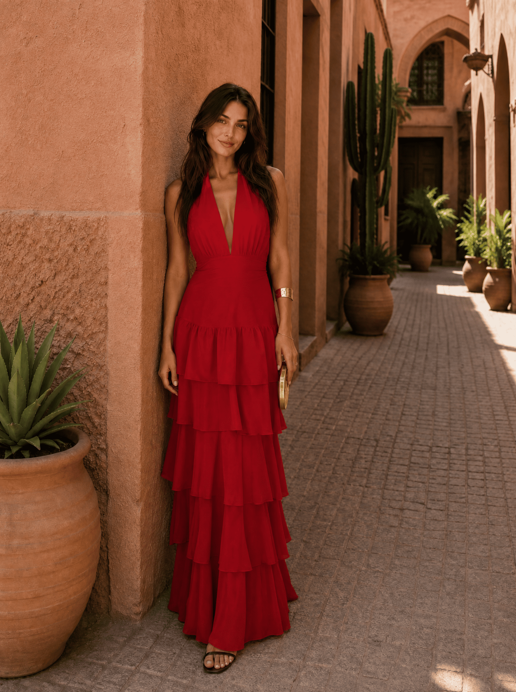 Presley | Deep Halter Tiered Ruffle Maxi Dress