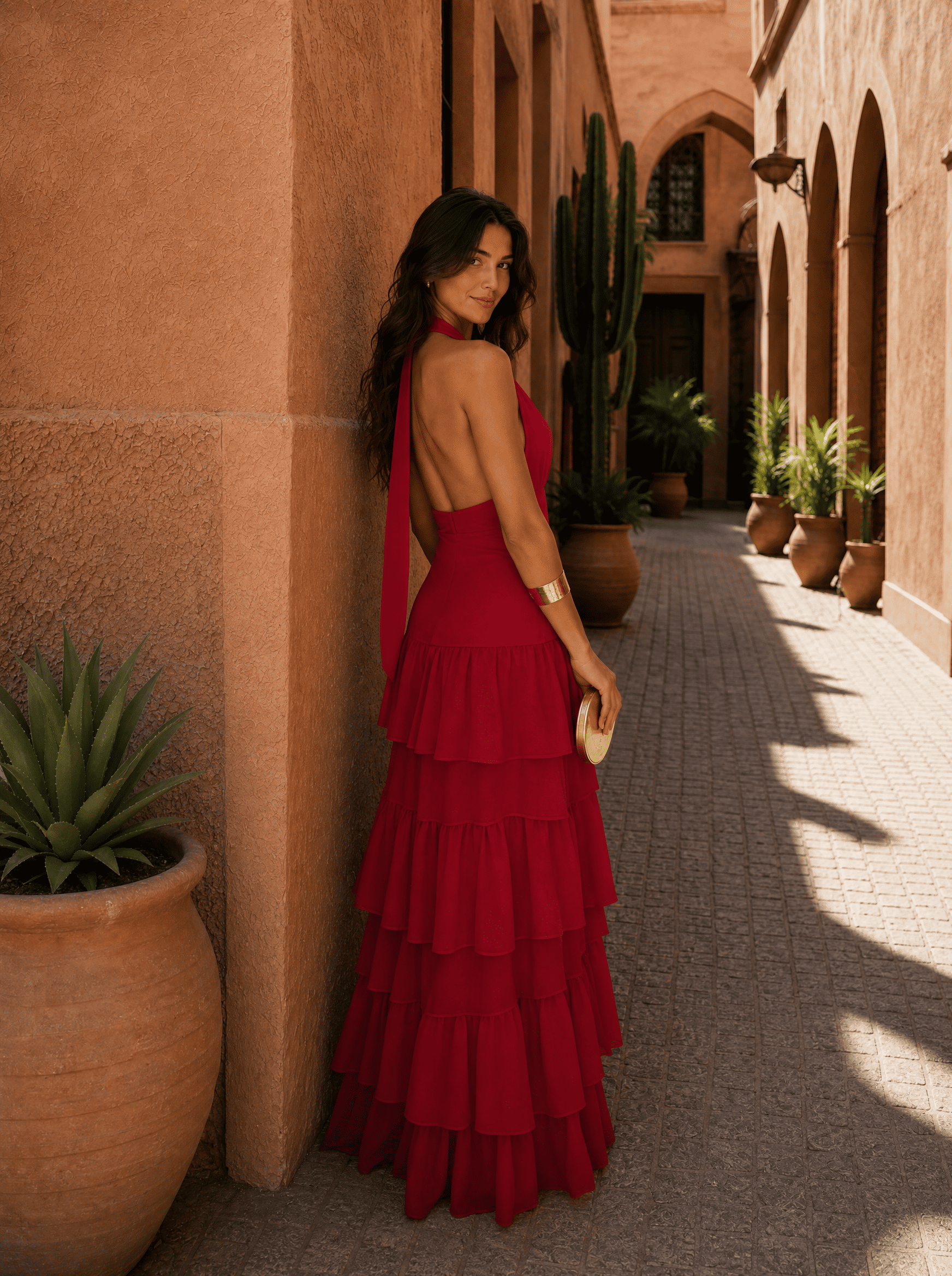 Presley | Deep Halter Tiered Ruffle Maxi Dress