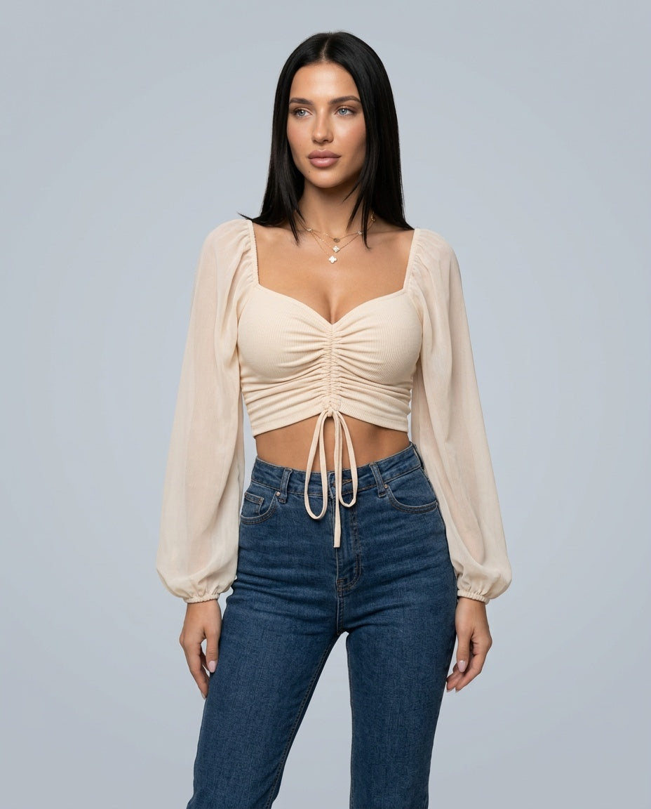 Darya | Sweetheart Ruched Puff Sleeve Cropped Top