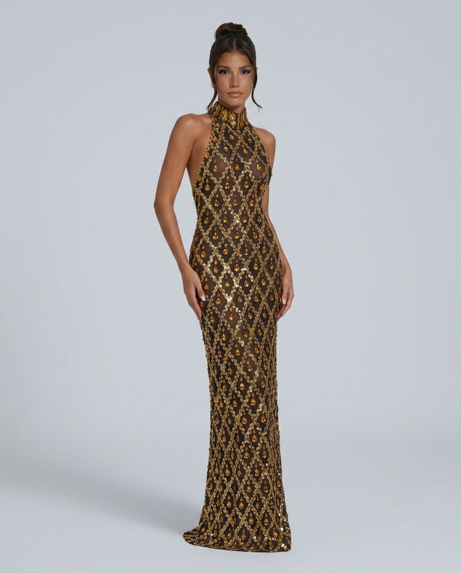 Clara | Crystal Embellished Sequin Maxi Dress