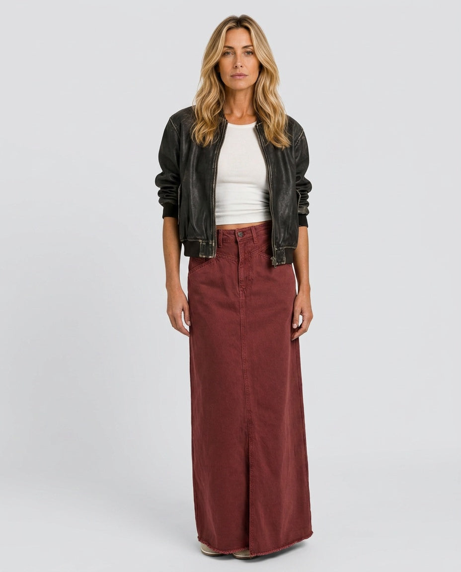 Hazel | High Waist Five Pocket Denim Maxi Skirt