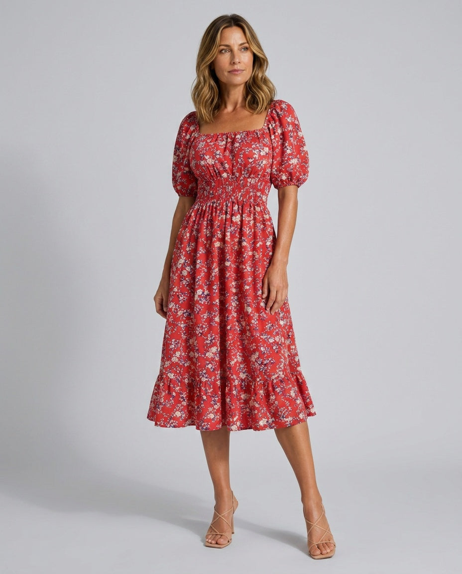 Sloane | Floral Smocked Square Neck Midi Dress