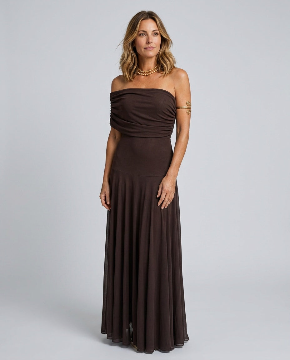 Camille | Off-Shoulder Draped Bodice Flowing Maxi Dress
