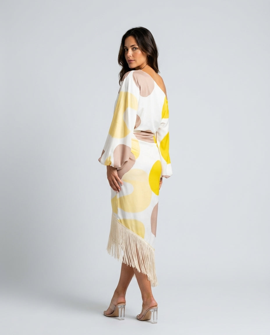 Koda | Abstract Print Fringe Hem Midi Dress
