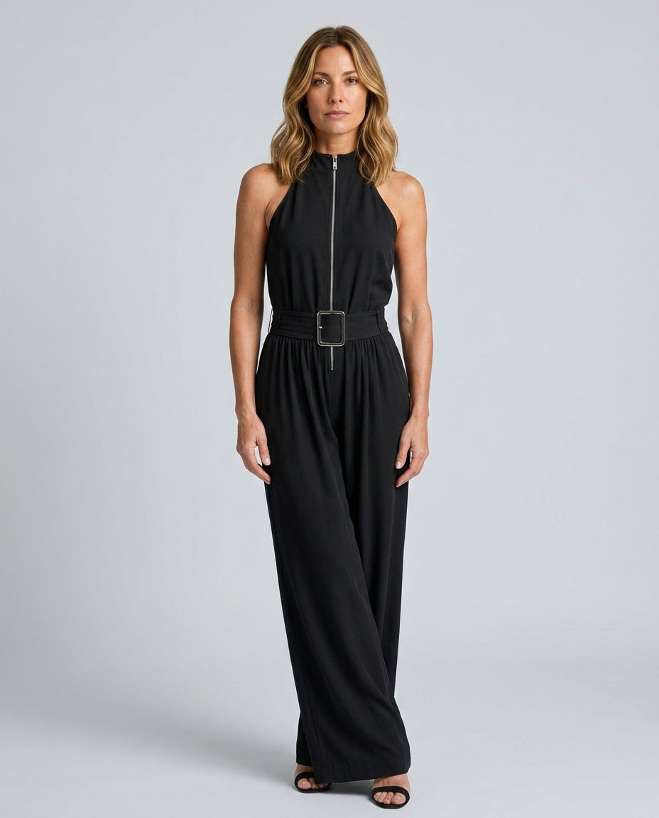 Stellara | Belted High Neck Sleeveless Wide Leg Jumpsuit