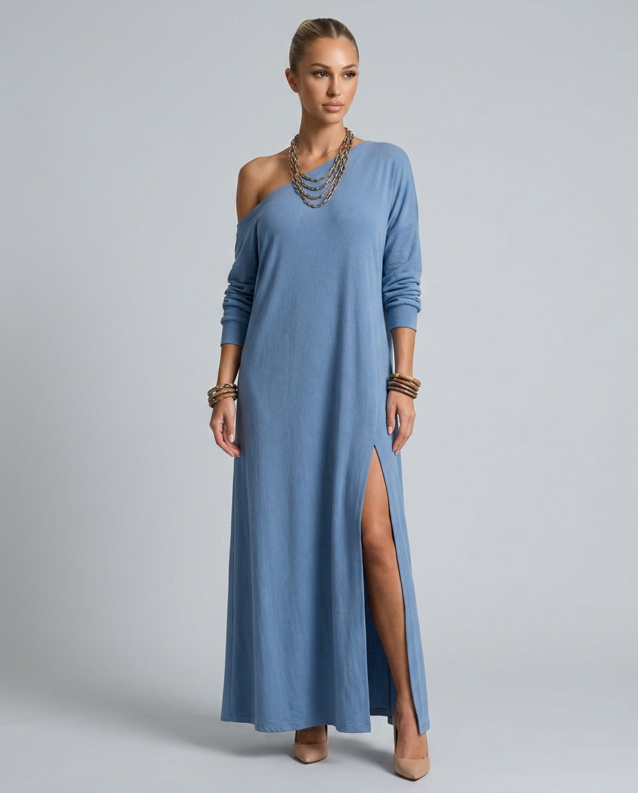 Ivy | One-Shoulder Side Slit Flowing Midi Dress