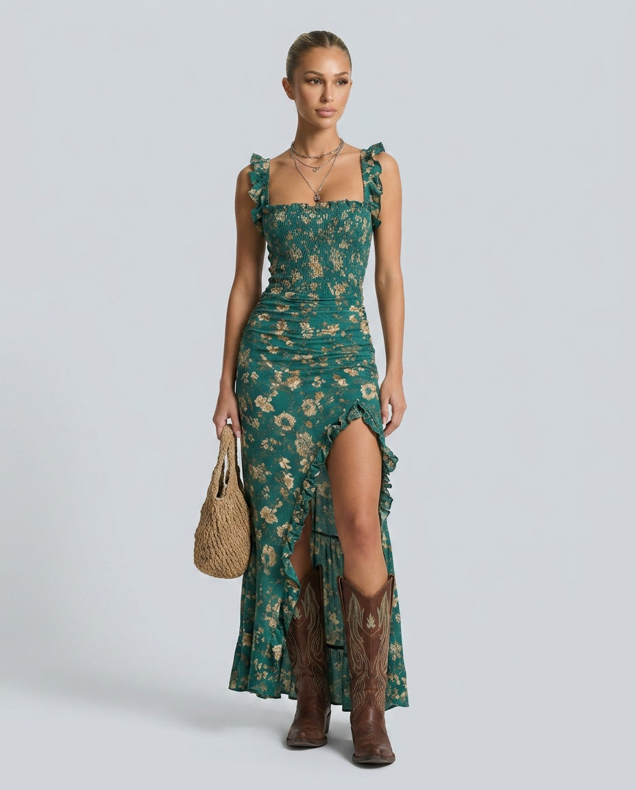 Belen | Boho Floral Ruched Side Slit Maxi Dress