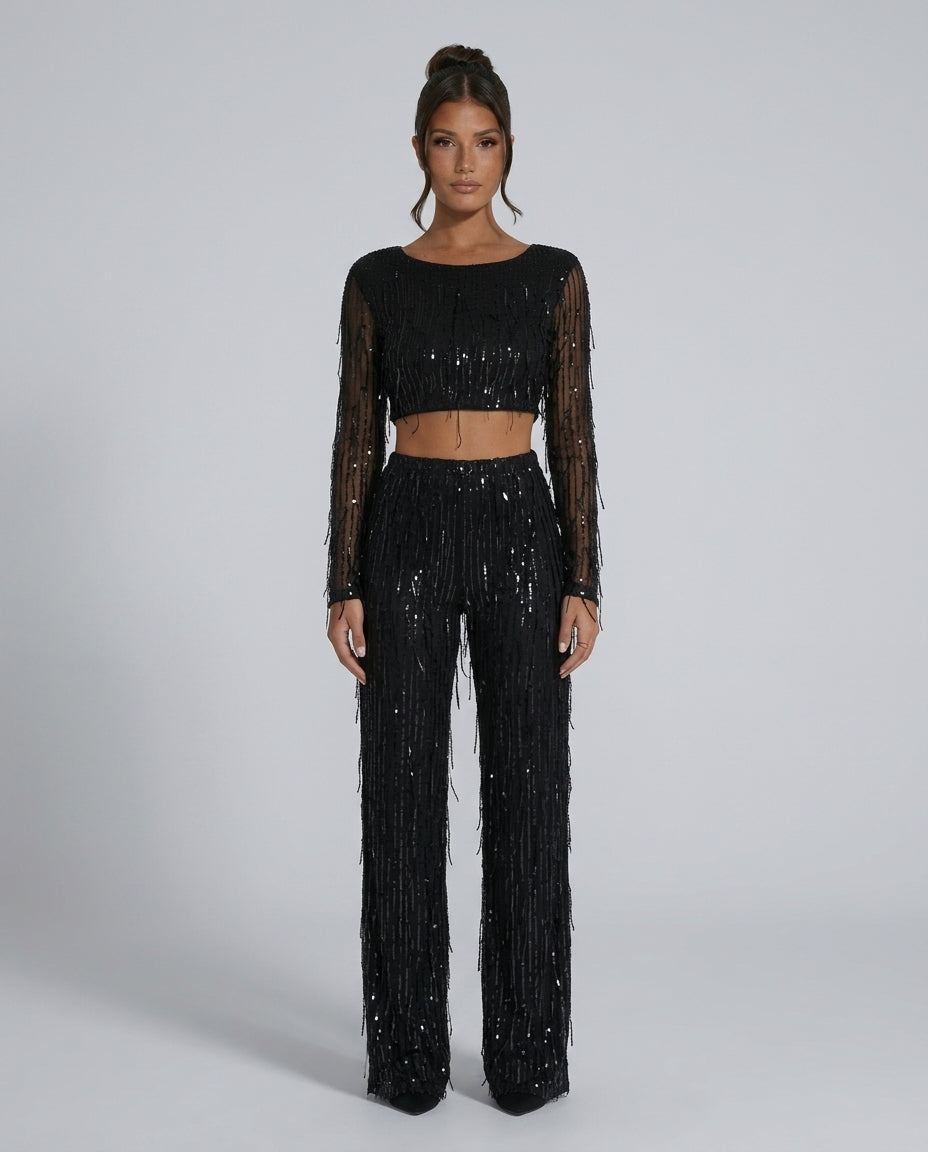 Quinn | Sequin Long Sleeve Top & High Waist Trouser Set