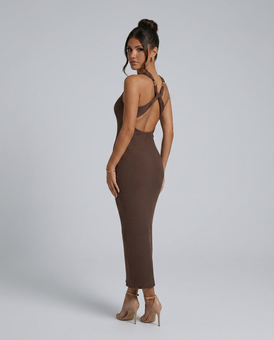 Mariana | Halter Neck Ribbed Column Maxi Dress
