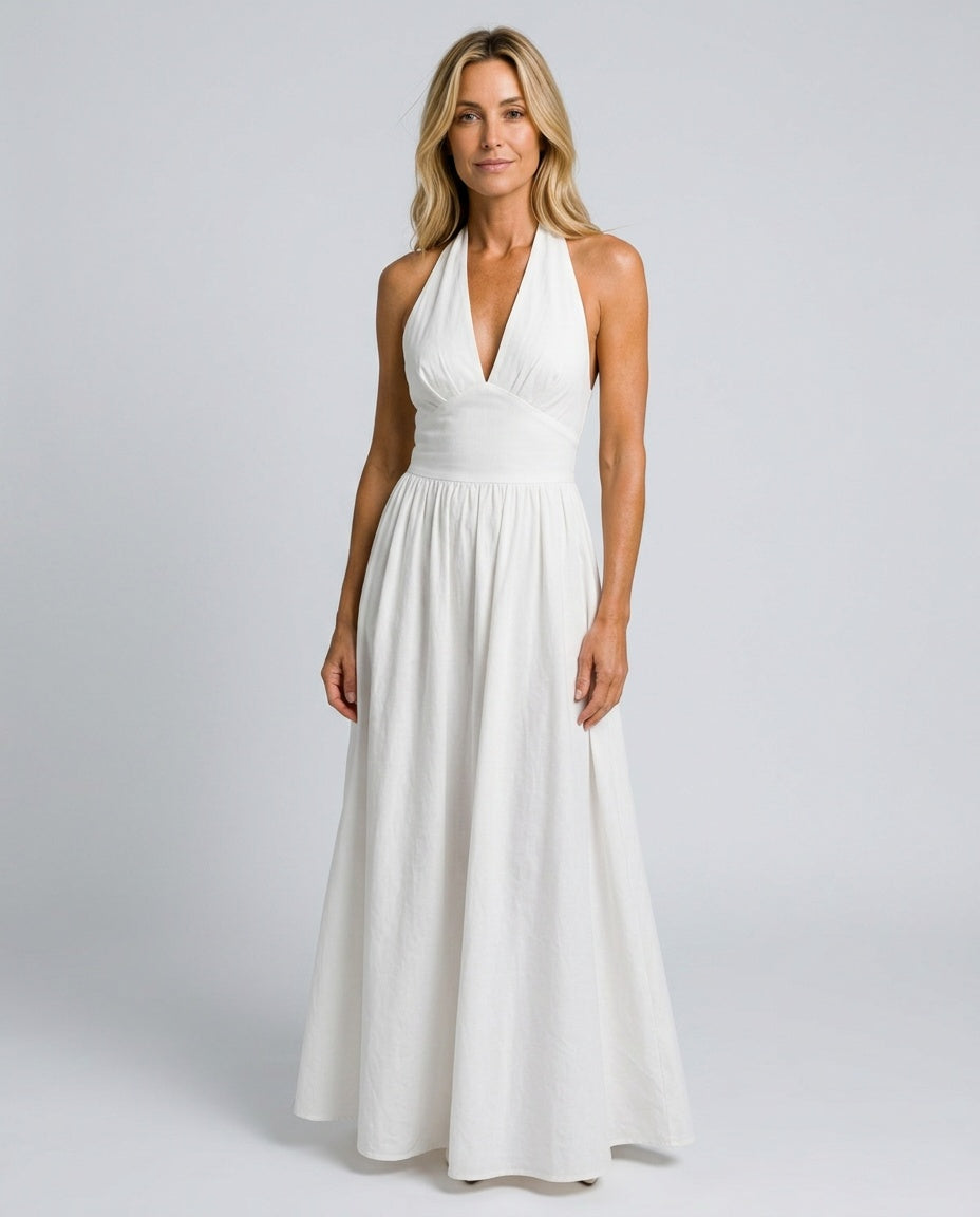 Salma | Halter V-Neck Gathered A-Line Maxi Dress
