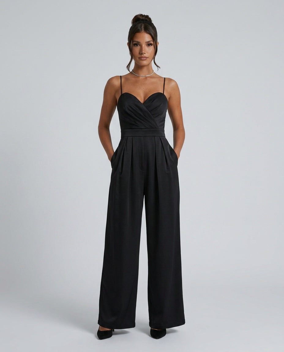 Esme | Wrap Front Satin-Look Wide Leg Jumpsuit