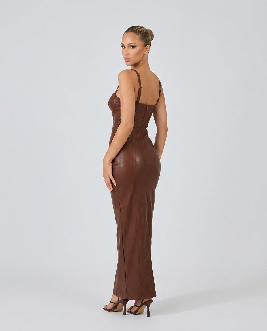 Colette | Corset Faux Leather Maxi Dress