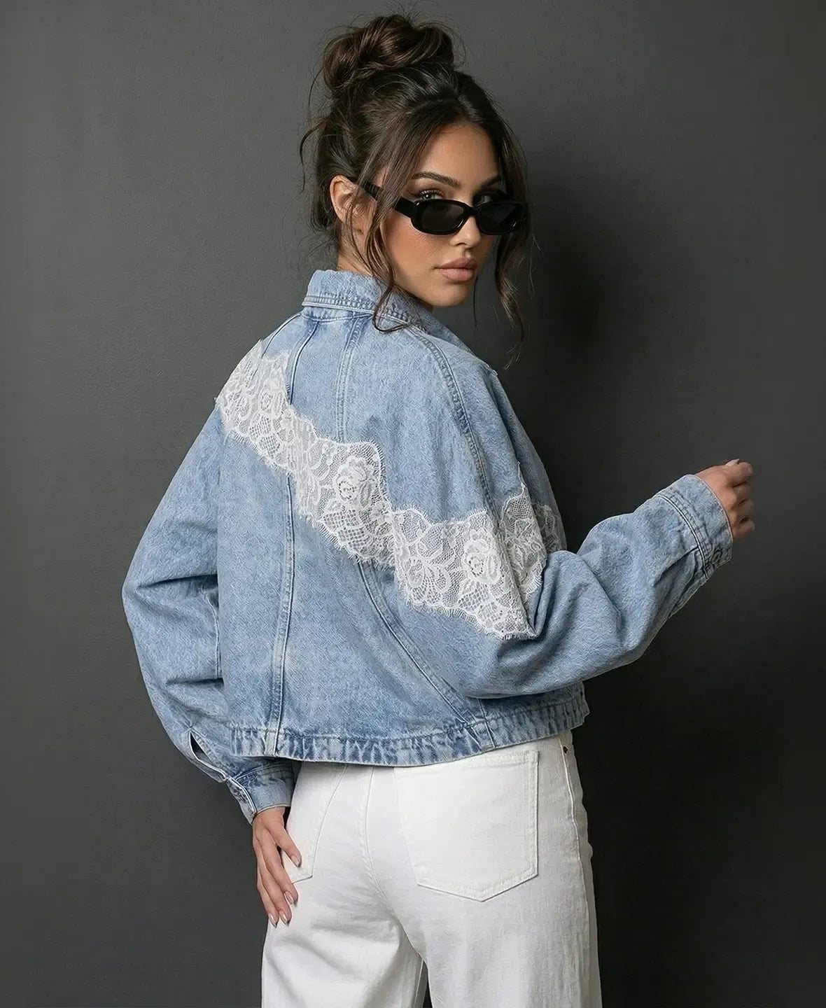 Evren | Long Sleeve Lace Detail Denim Jacket