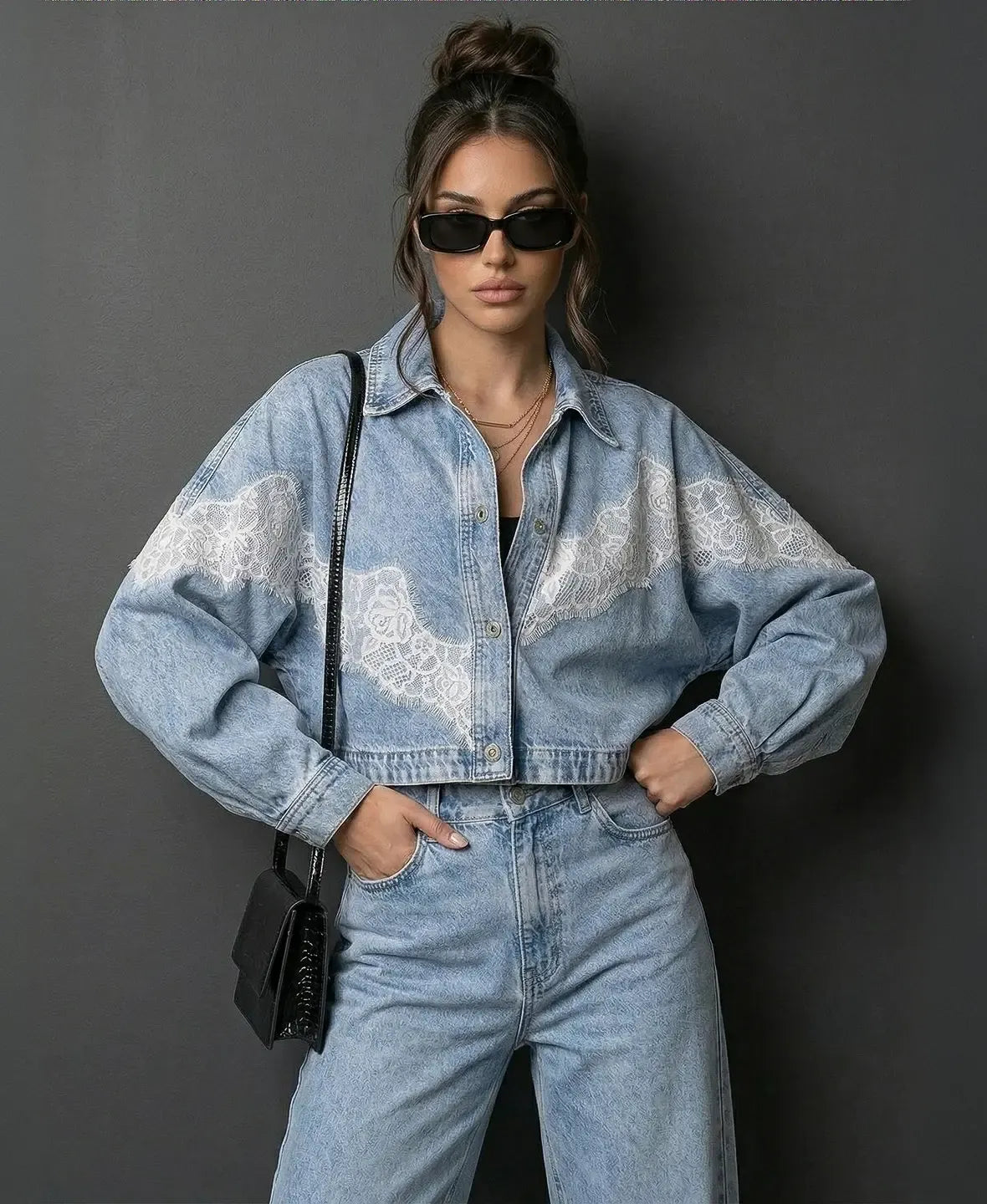Evren | Long Sleeve Lace Detail Denim Jacket