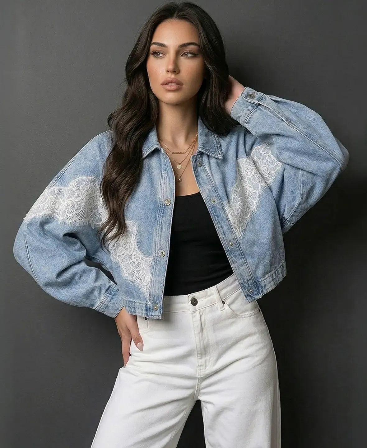 Evren | Long Sleeve Lace Detail Denim Jacket