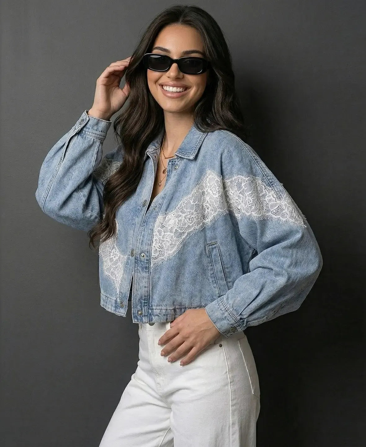 Evren | Long Sleeve Lace Detail Denim Jacket