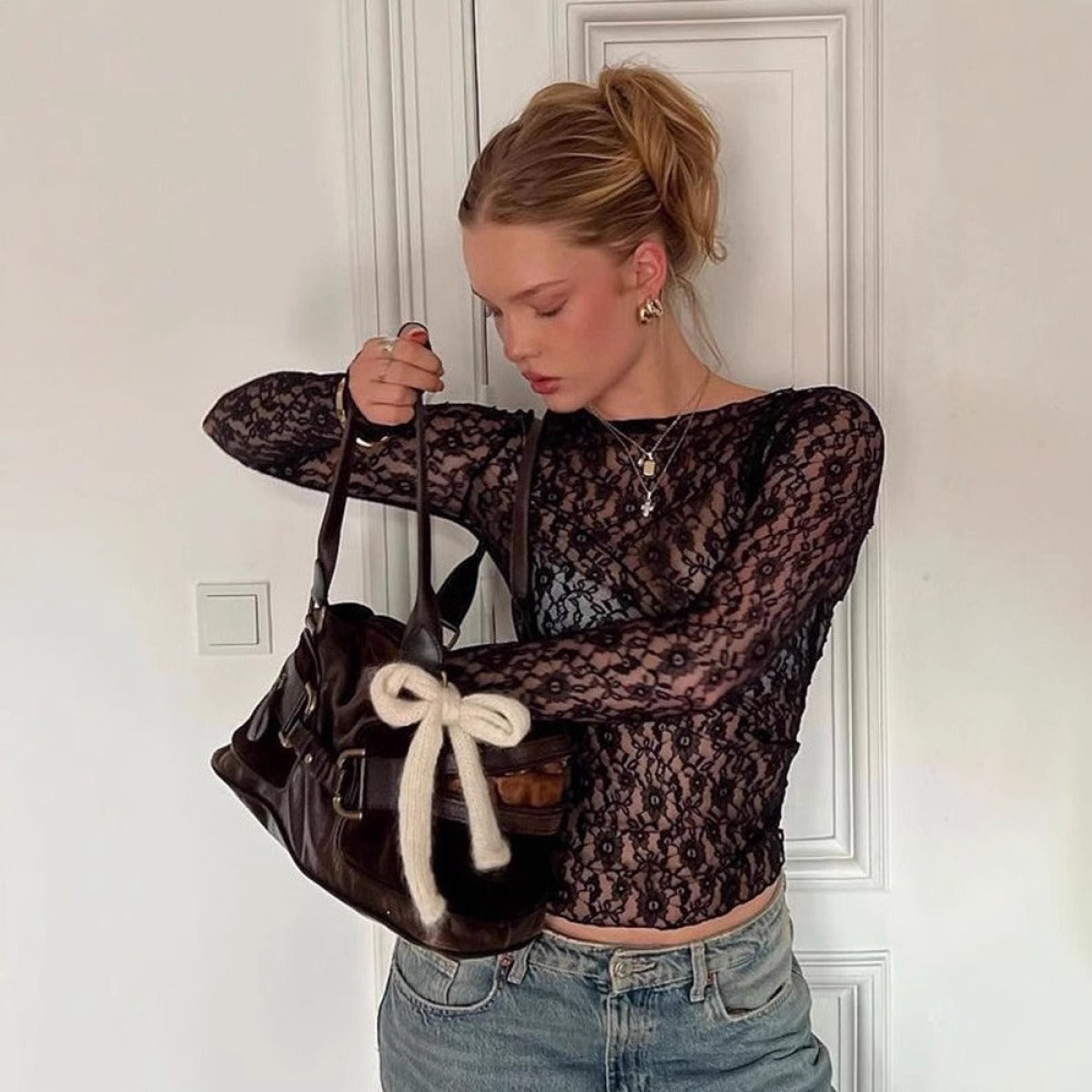 Anais | Sheer Lace Long Sleeve Cropped Top