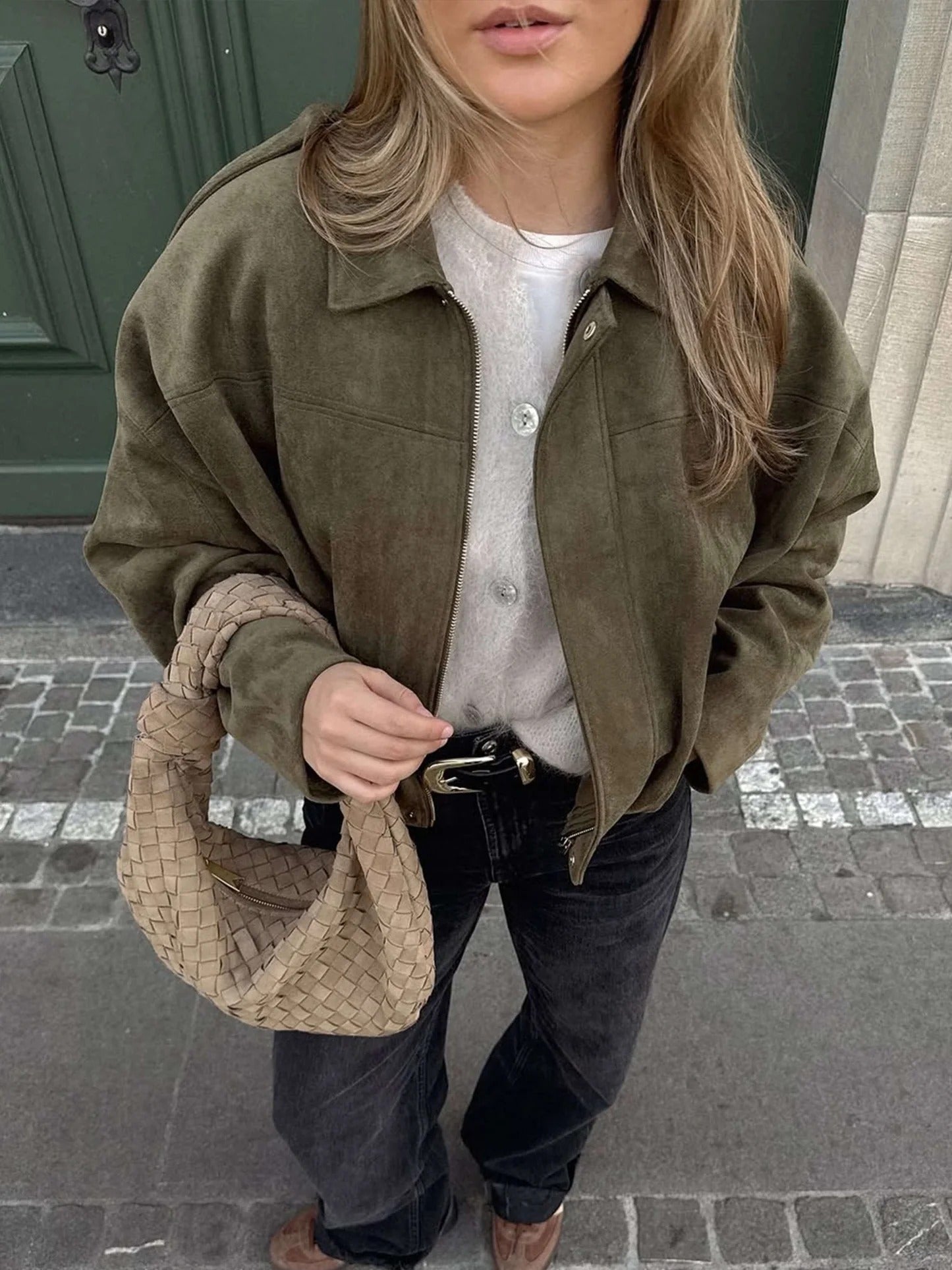 Quinn | Long Sleeve Faux Suede Bomber Jacket