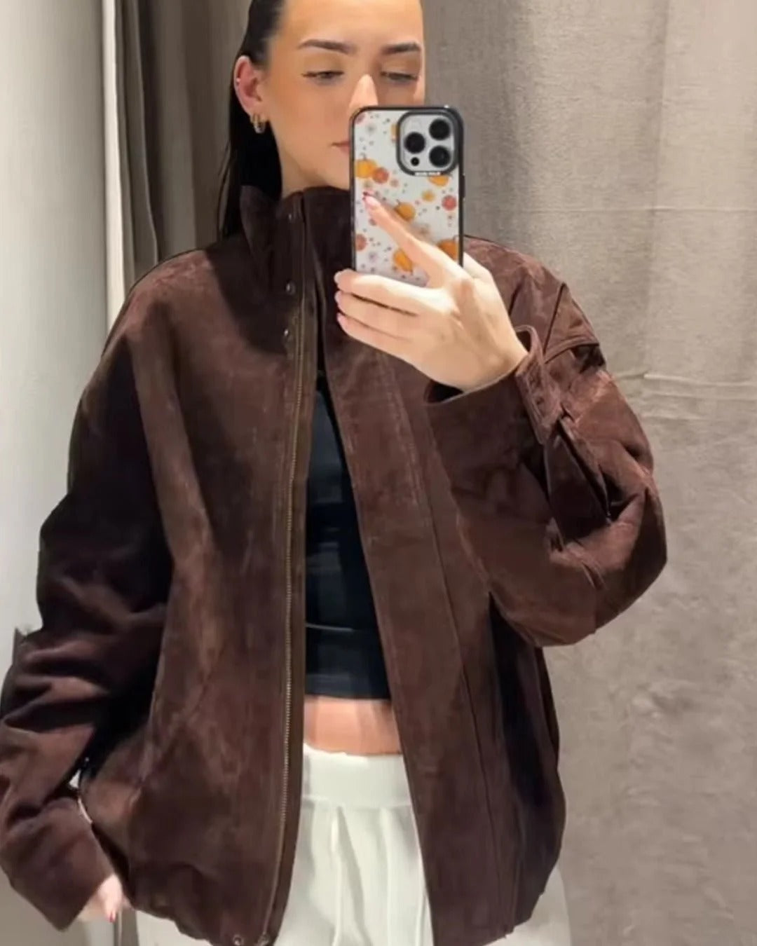 Dune | High Neck Zip Front Faux Suede Bomber Jacket
