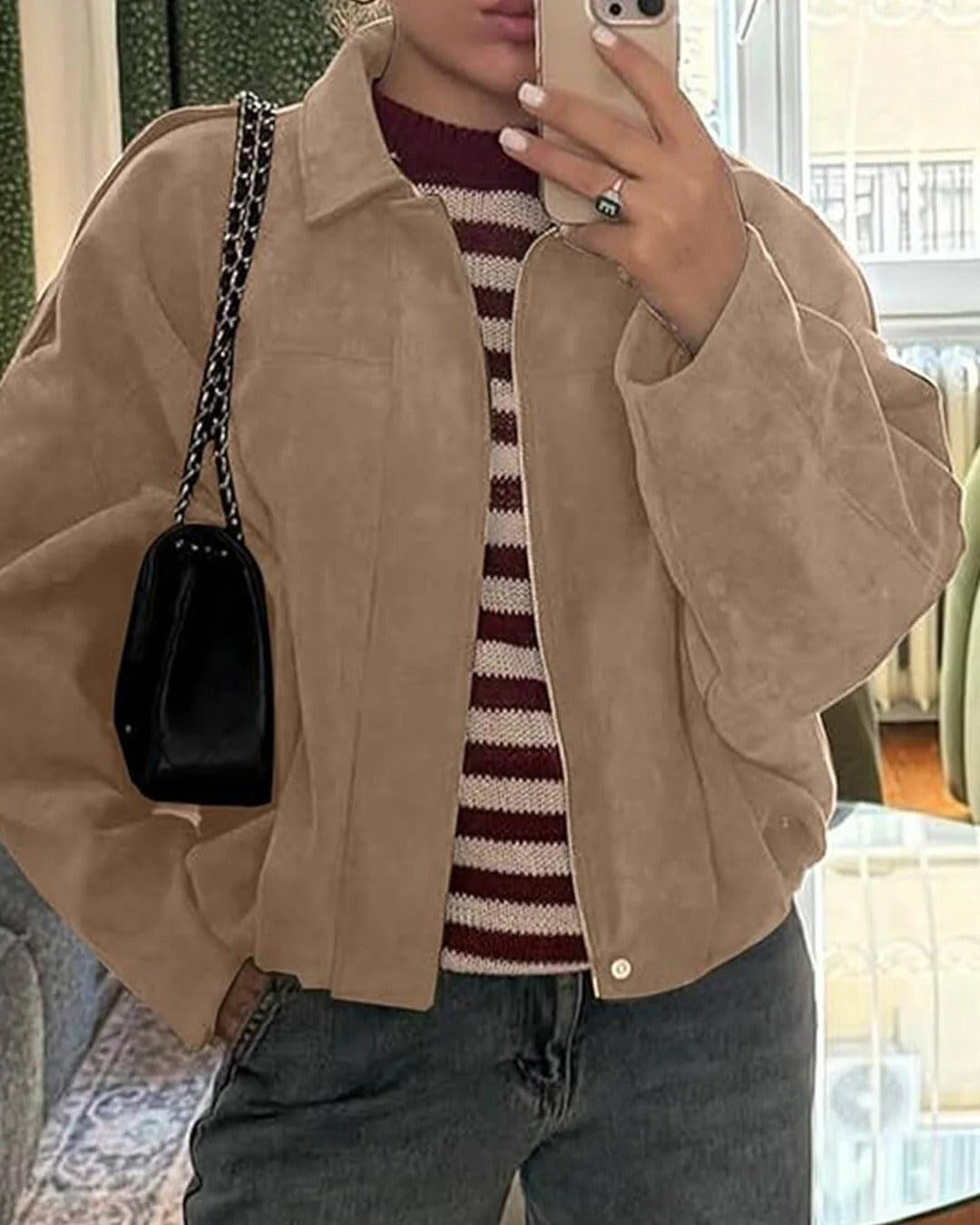 Quinn | Long Sleeve Faux Suede Bomber Jacket