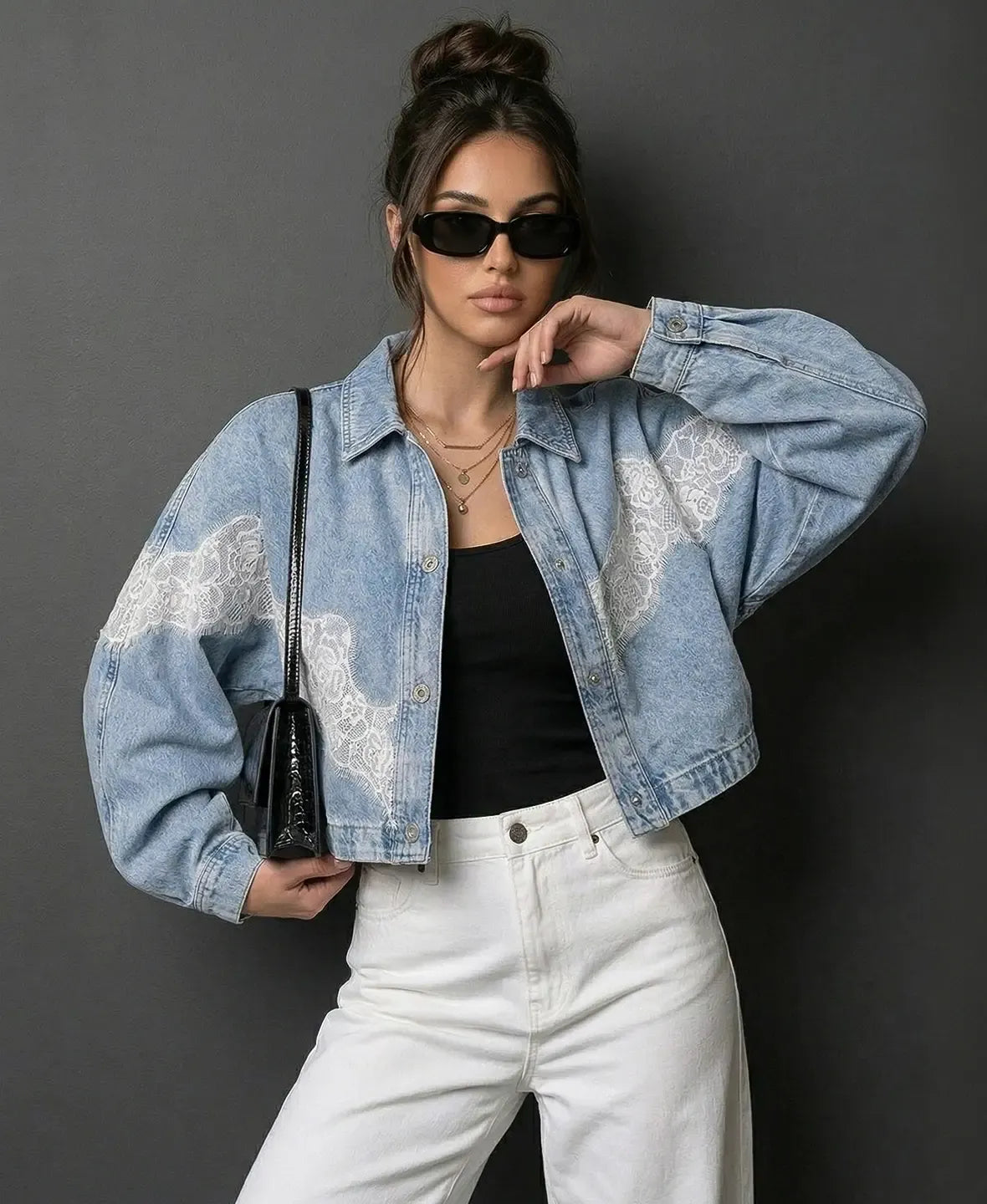 Evren | Long Sleeve Lace Detail Denim Jacket