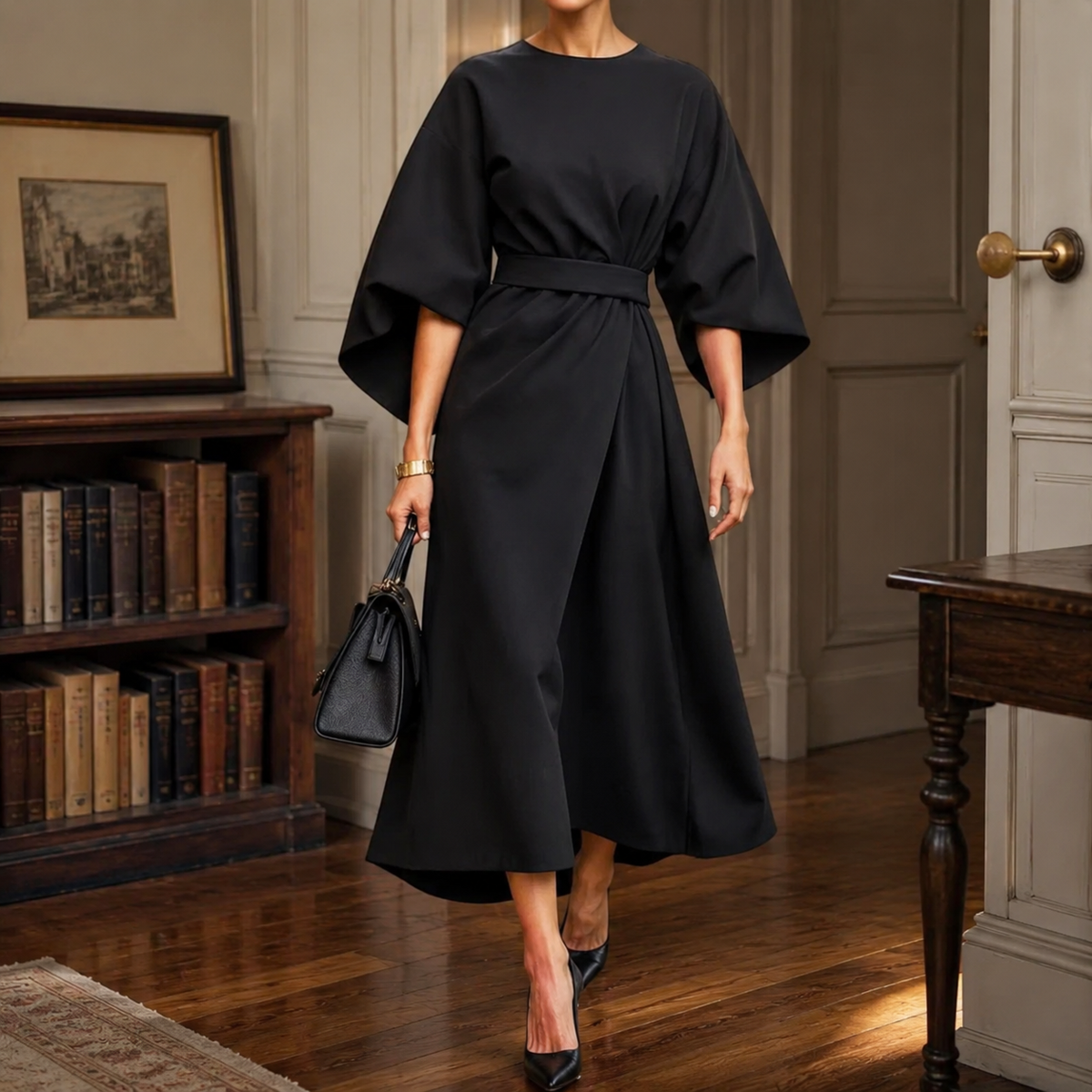 Sawyer | Cape Sleeve Asymmetric Draped Maxi Dress