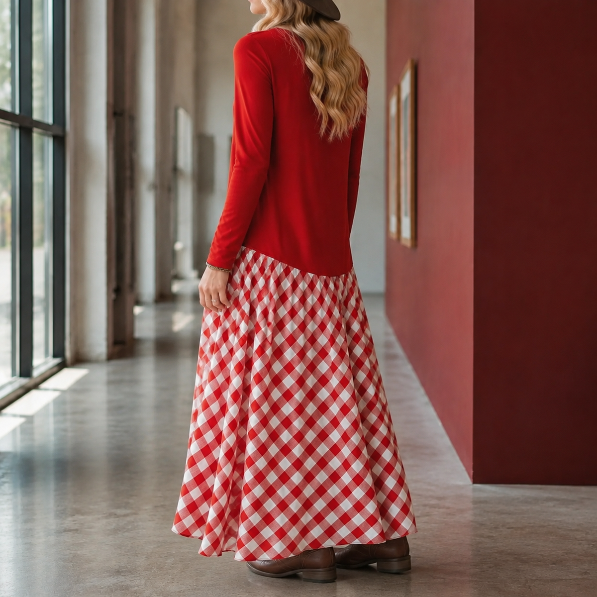 Reva | Gathered Gingham Asymmetric Maxi Dress