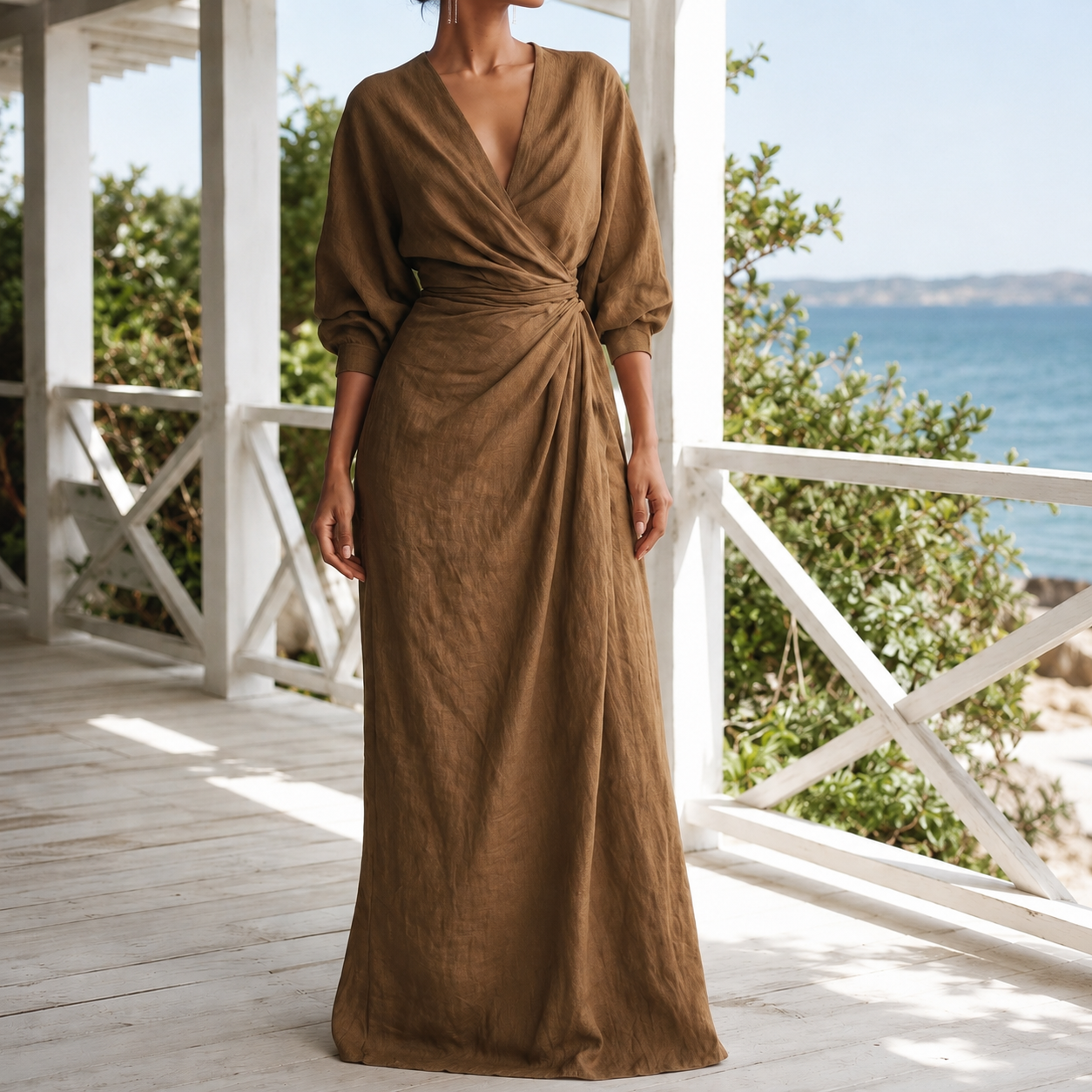 Pia | 3/4 Sleeve V-Neck Wrap Maxi Dress
